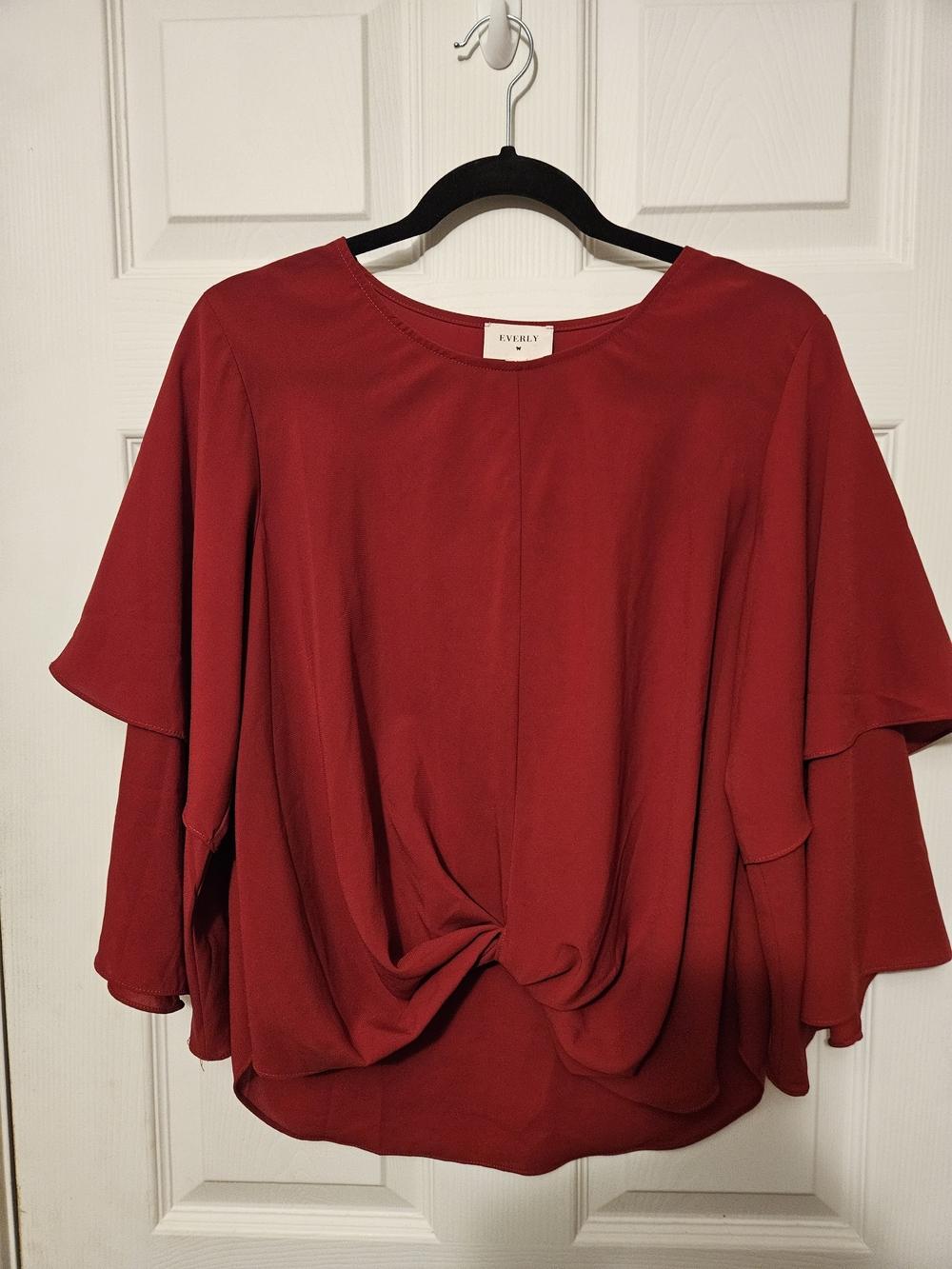 Everly Deep Red Twist-Front Flutter Sleeve Blouse Office Career Professional